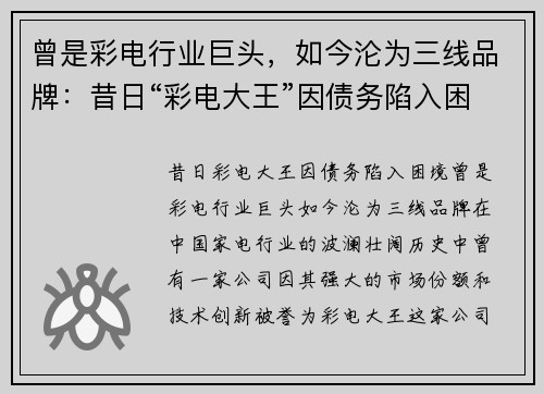 曾是彩电行业巨头，如今沦为三线品牌：昔日“彩电大王”因债务陷入困境