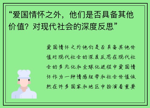 “爱国情怀之外，他们是否具备其他价值？对现代社会的深度反思”