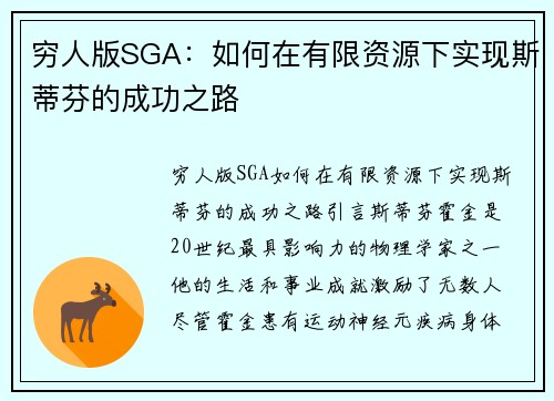 穷人版SGA：如何在有限资源下实现斯蒂芬的成功之路