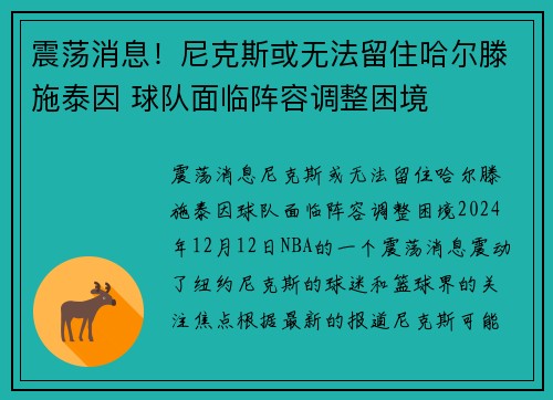 震荡消息！尼克斯或无法留住哈尔滕施泰因 球队面临阵容调整困境