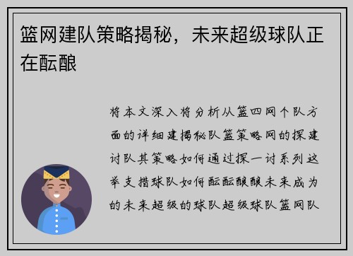 篮网建队策略揭秘，未来超级球队正在酝酿