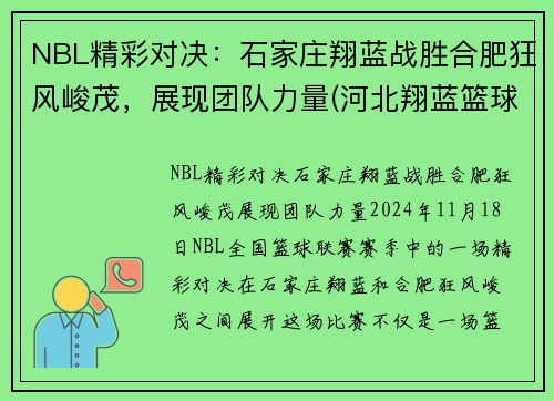NBL精彩对决：石家庄翔蓝战胜合肥狂风峻茂，展现团队力量(河北翔蓝篮球俱乐部电话)