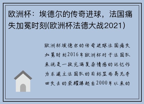 欧洲杯：埃德尔的传奇进球，法国痛失加冕时刻(欧洲杯法德大战2021)
