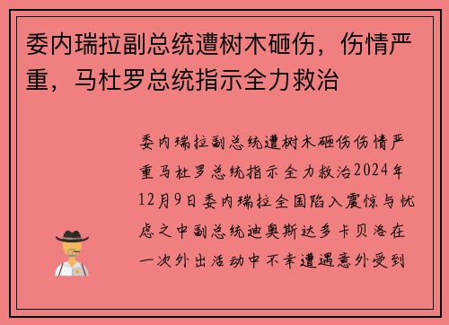 委内瑞拉副总统遭树木砸伤，伤情严重，马杜罗总统指示全力救治