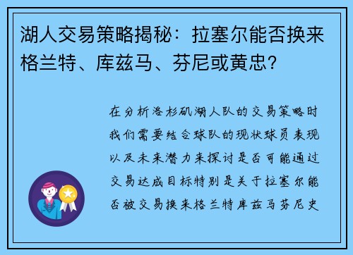 湖人交易策略揭秘：拉塞尔能否换来格兰特、库兹马、芬尼或黄忠？