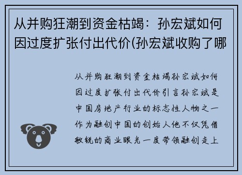 从并购狂潮到资金枯竭：孙宏斌如何因过度扩张付出代价(孙宏斌收购了哪些)
